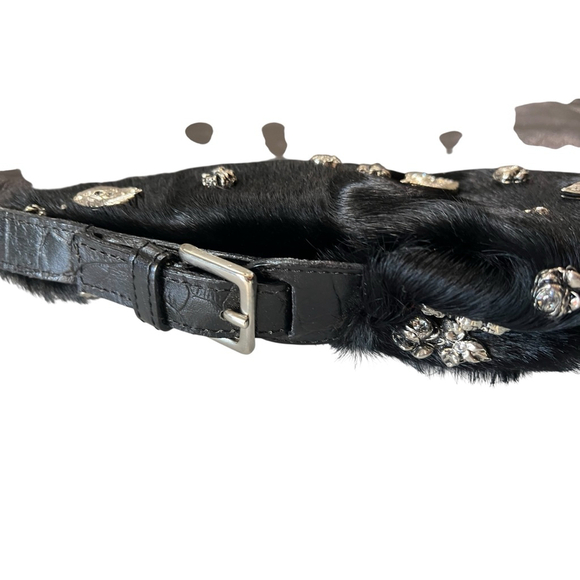 Berge NWOT Black Leather Calfhair Hobo Shoulder Bag Charms Rhinestone Italy New - Picture 4 of 7